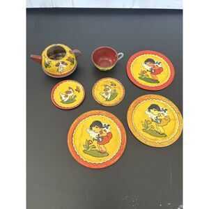 Vtg 1940s Ohio Art Tin Litho 173 Cup & Saucer (1) Snack Dish (3) Teapot